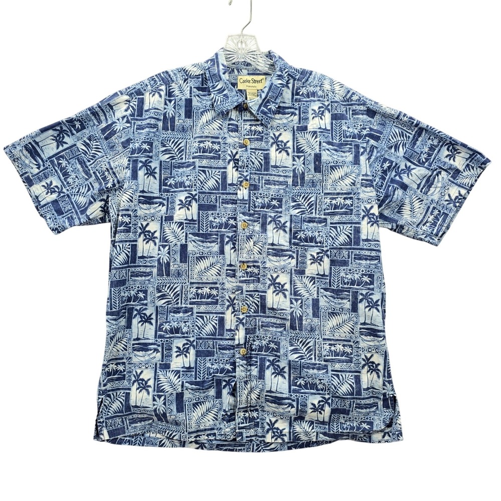 Cooke Street Blue Beach Palm Tropical Surf Island Vintage Hawaiian Shirt Large